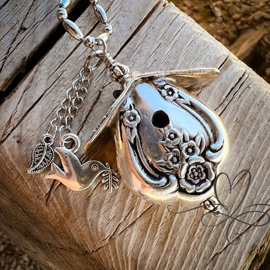 Birdhouse Sterling Silver Necklace - The 1951 "Magnolia" Silverware Birdhouse