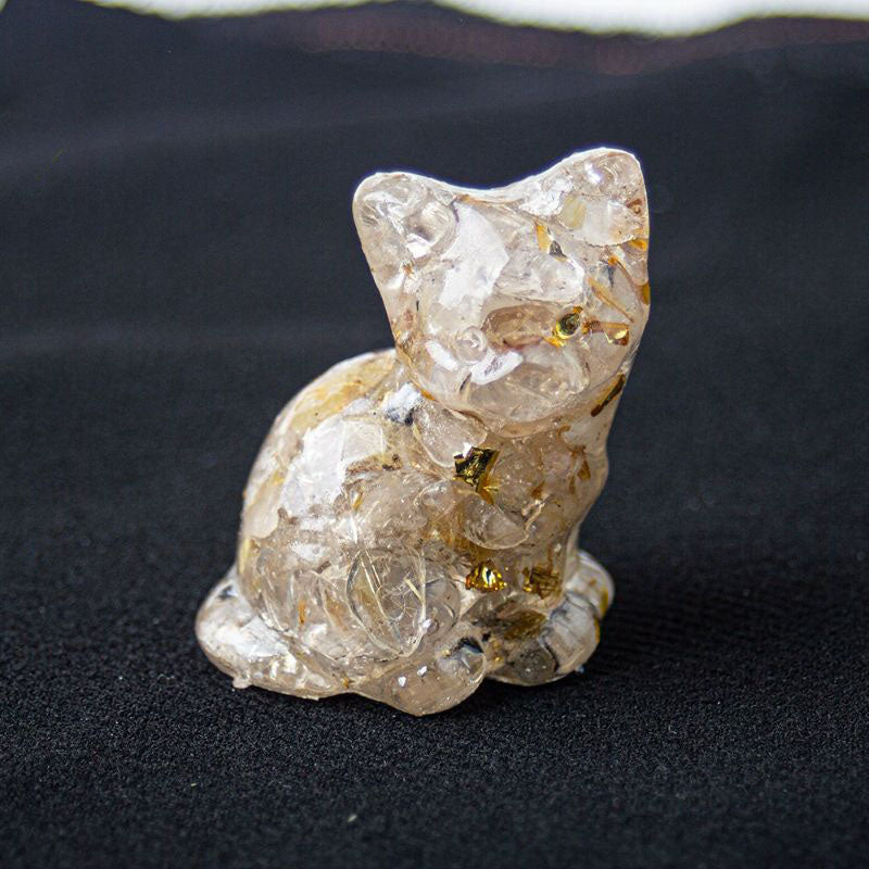Handmade Natural Crystal Gemstone Sitting Cat - Rutilated Quartz