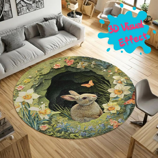 Spring Flower Bunny - 3D Illusion Round Rug - H639