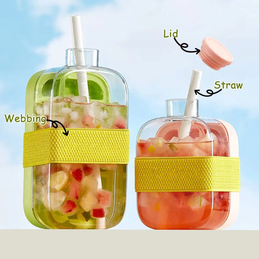 2 in 1 Ice Cube Maker Water Bottle, One- Click Ice Mould Tray with Lid, Bin & Straw