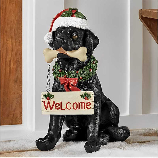 Holiday Welcome Dog Statue With Santa Hat