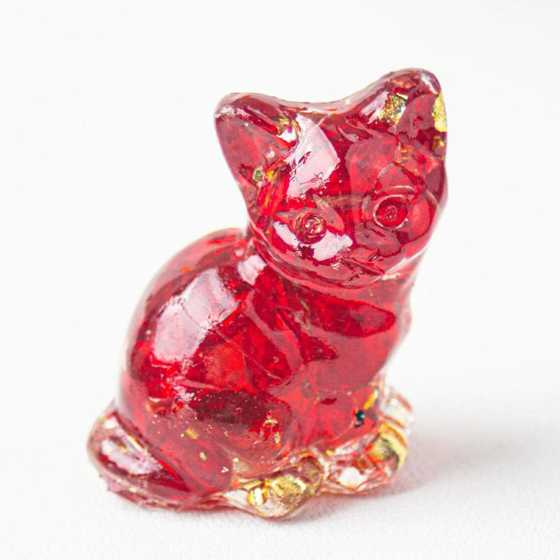 Handmade Natural Crystal Gemstone Sitting Cat - Red Glaze