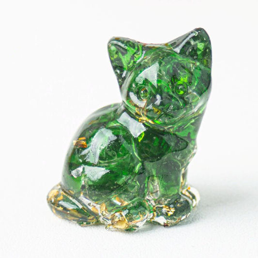Handmade Natural Crystal Gemstone Sitting Cat - Green Glaze