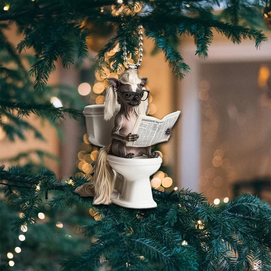 Chinese Crested Dog - Dog Sitting On Toilet Ornament OT048