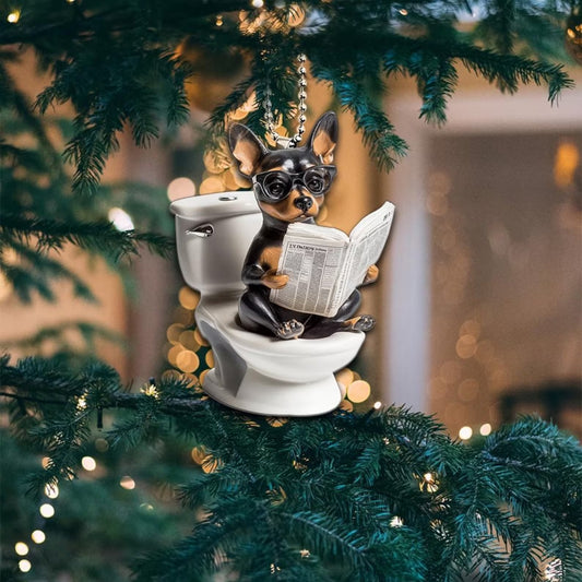Miniature Pinscher - Dog Sitting On Toilet Ornament OT053