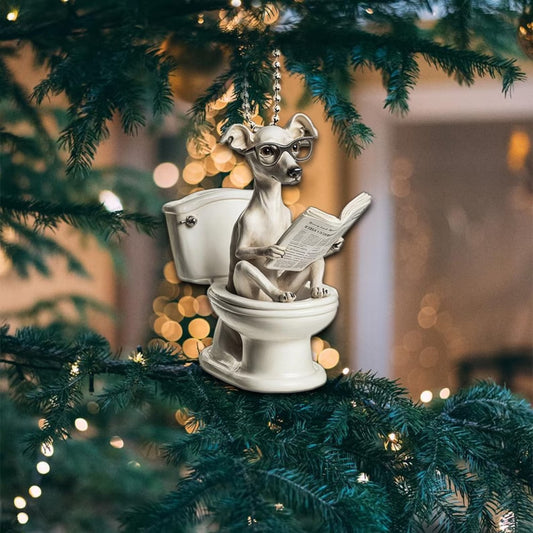 Whippet - Dog Sitting On Toilet Ornament OT049