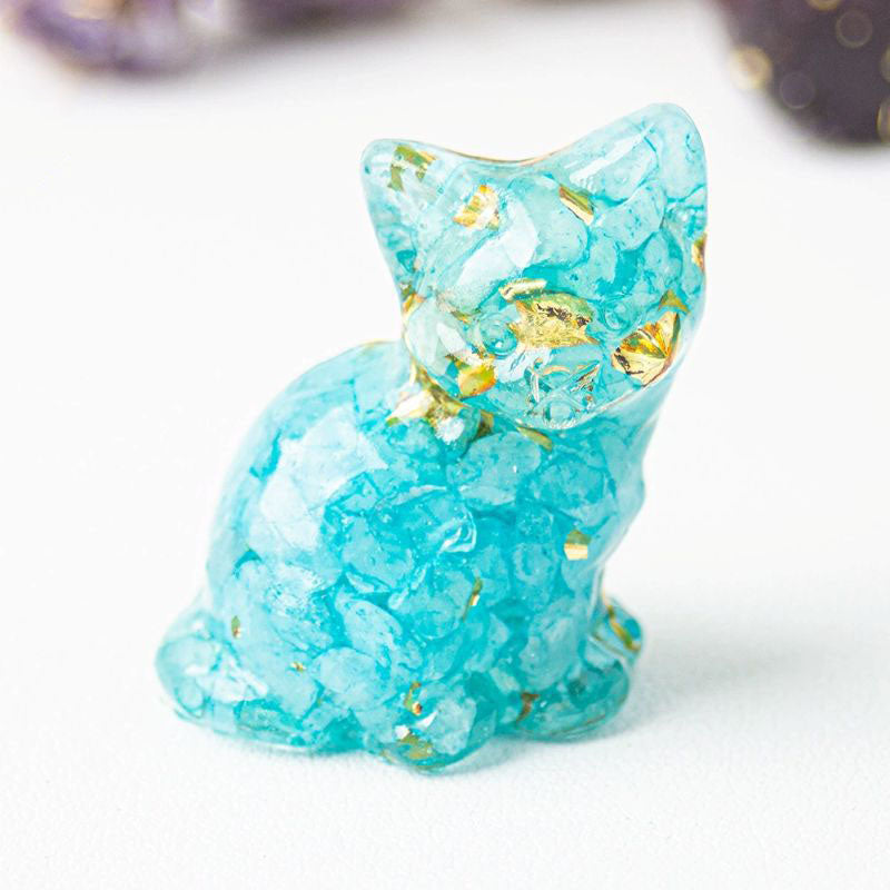 Handmade Natural Crystal Gemstone Sitting Cat - Aquamarine