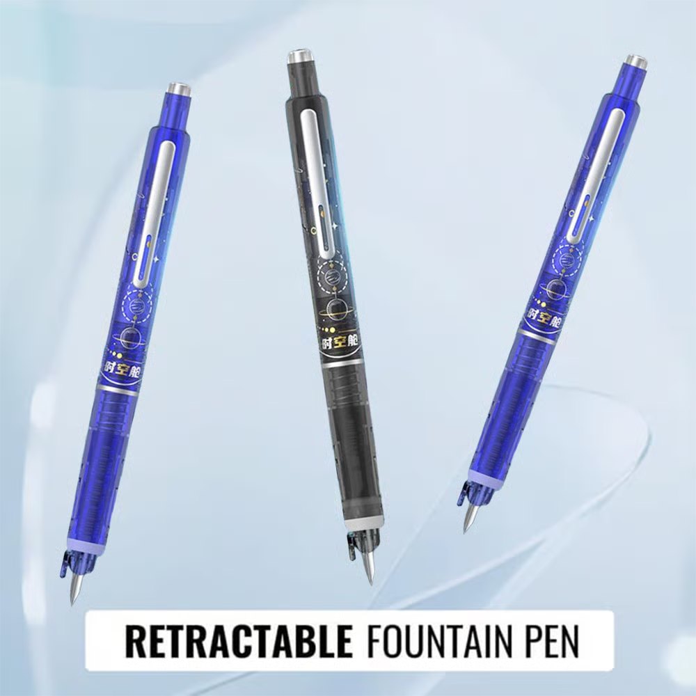 Fountain Pen Retractable:0.38mm Blue&Black Ink Transparent Barrel Includes 5 Refillable Ink Cartridges