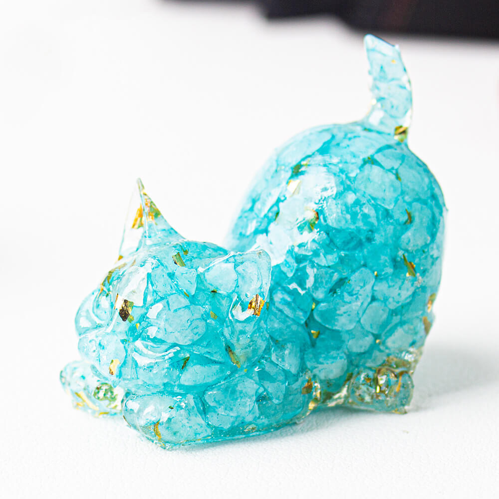 Handmade Natural Crystal Gemstone Cat with Raised Tail - Aquamarine