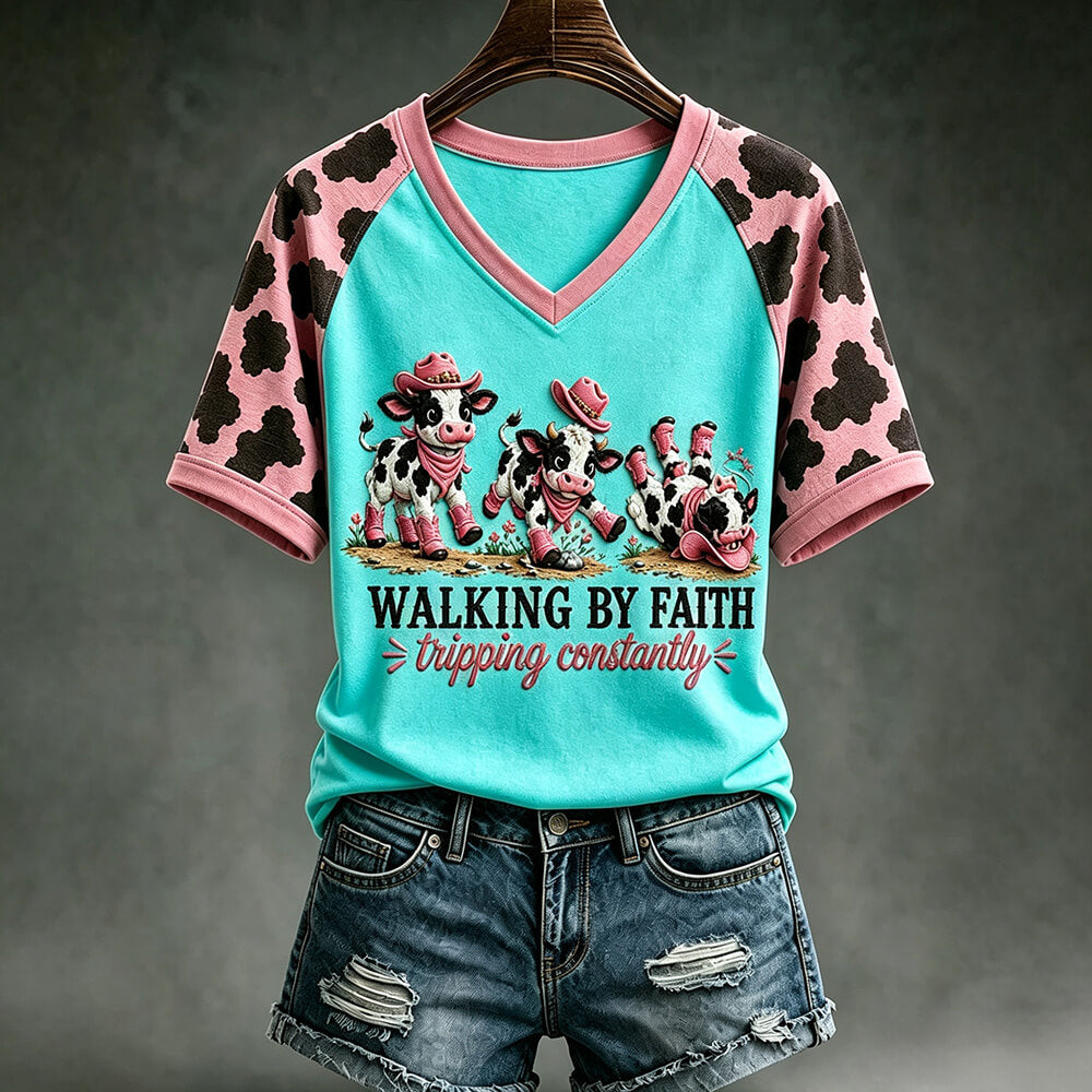 Walking By Faith T-Shirt - Funny Cow Graphic V-neck Tee