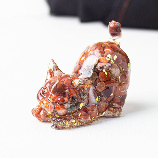 Handmade Natural Crystal Gemstone Cat with Raised Tail - Red Agate