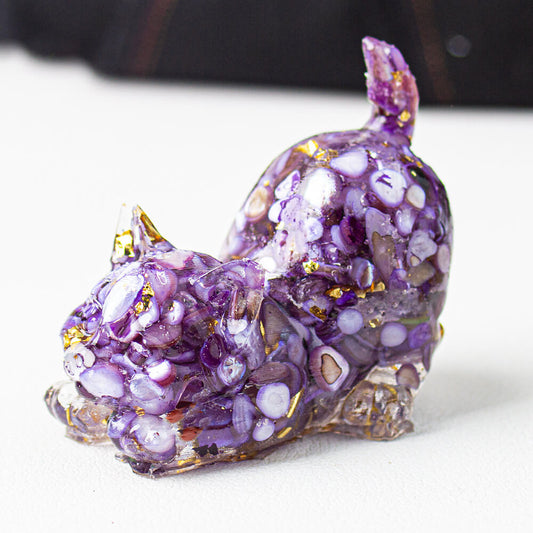 Handmade Natural Crystal Gemstone Cat with Raised Tail - Dark Purple