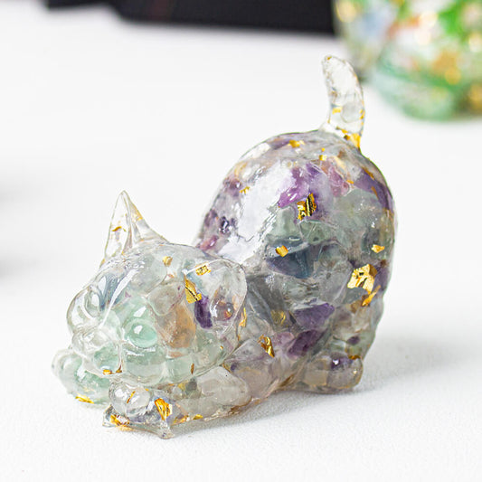 Handmade Natural Crystal Gemstone Cat with Raised Tail - Fluorite