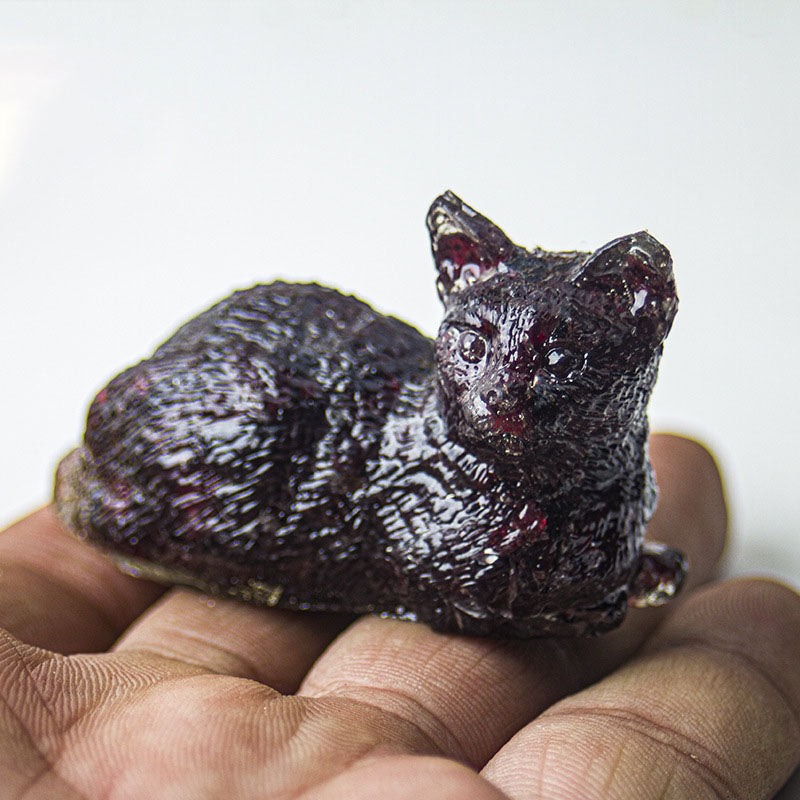 Handmade Natural Crystal Gemstone Lying Cat - Garnet
