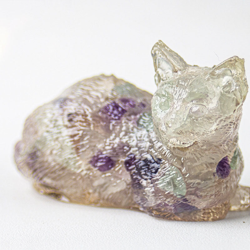 Handmade Natural Crystal Gemstone Lying Cat - Fluorite