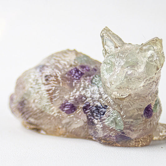 Handmade Natural Crystal Gemstone Lying Cat - Fluorite