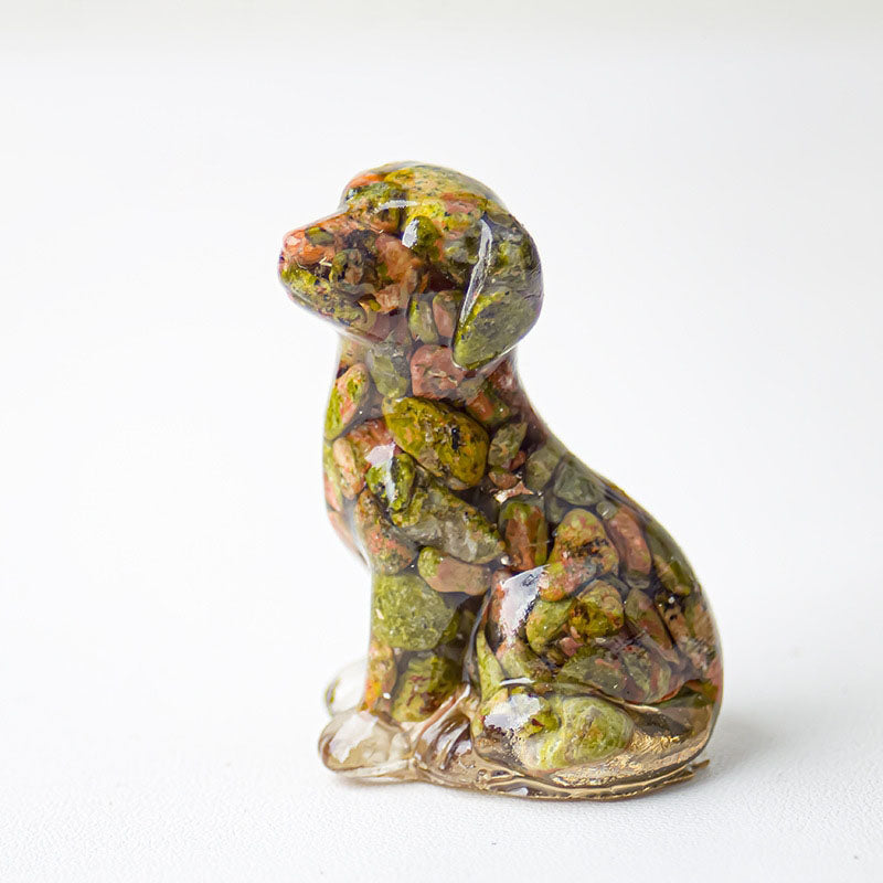 Handmade Natural Crystal Gemstone Sitting Dog - Unakite