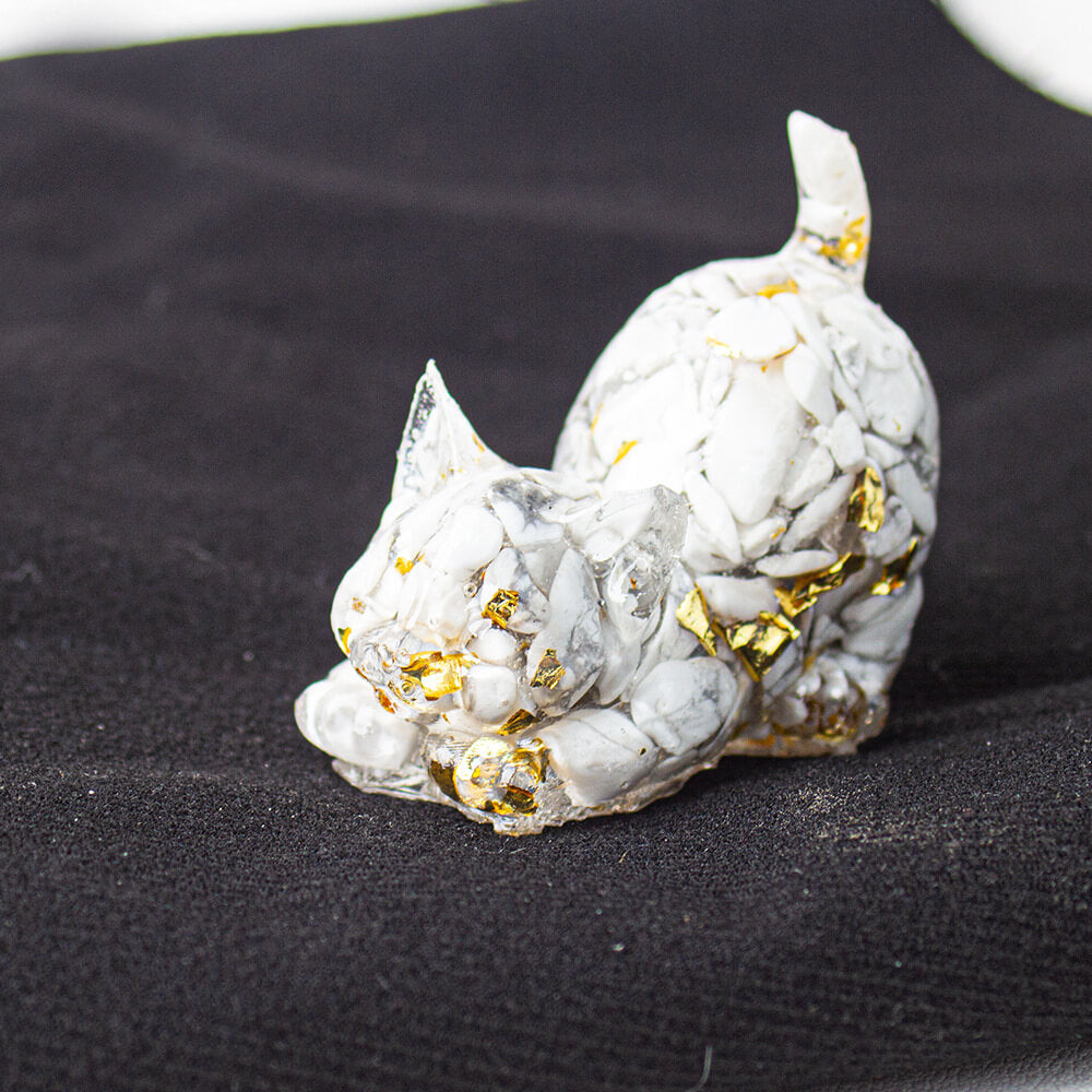 Handmade Natural Crystal Gemstone Cat with Raised Tail - Howlite