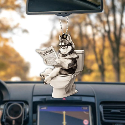 Siberian Husky - Dog Sitting On Toilet Ornament OT002