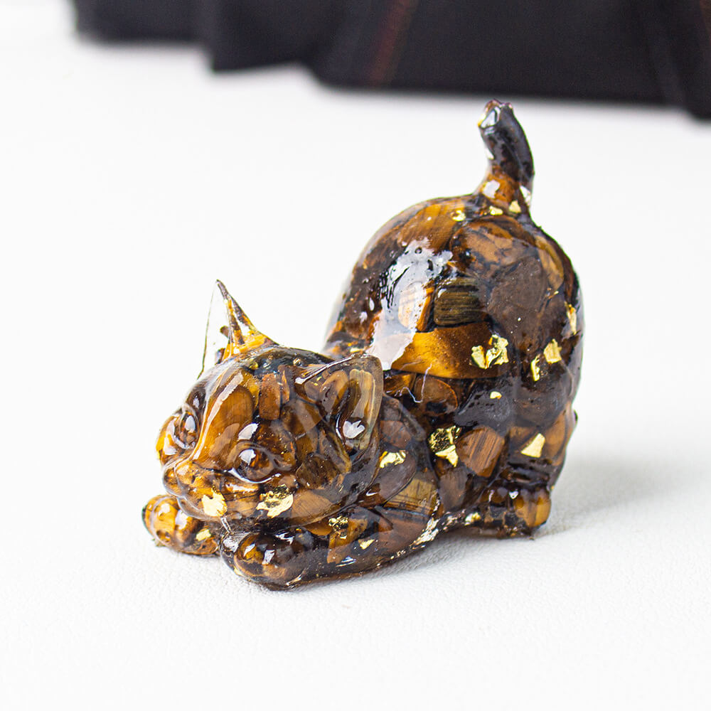 Handmade Natural Crystal Gemstone Cat with Raised Tail - Tiger Eye