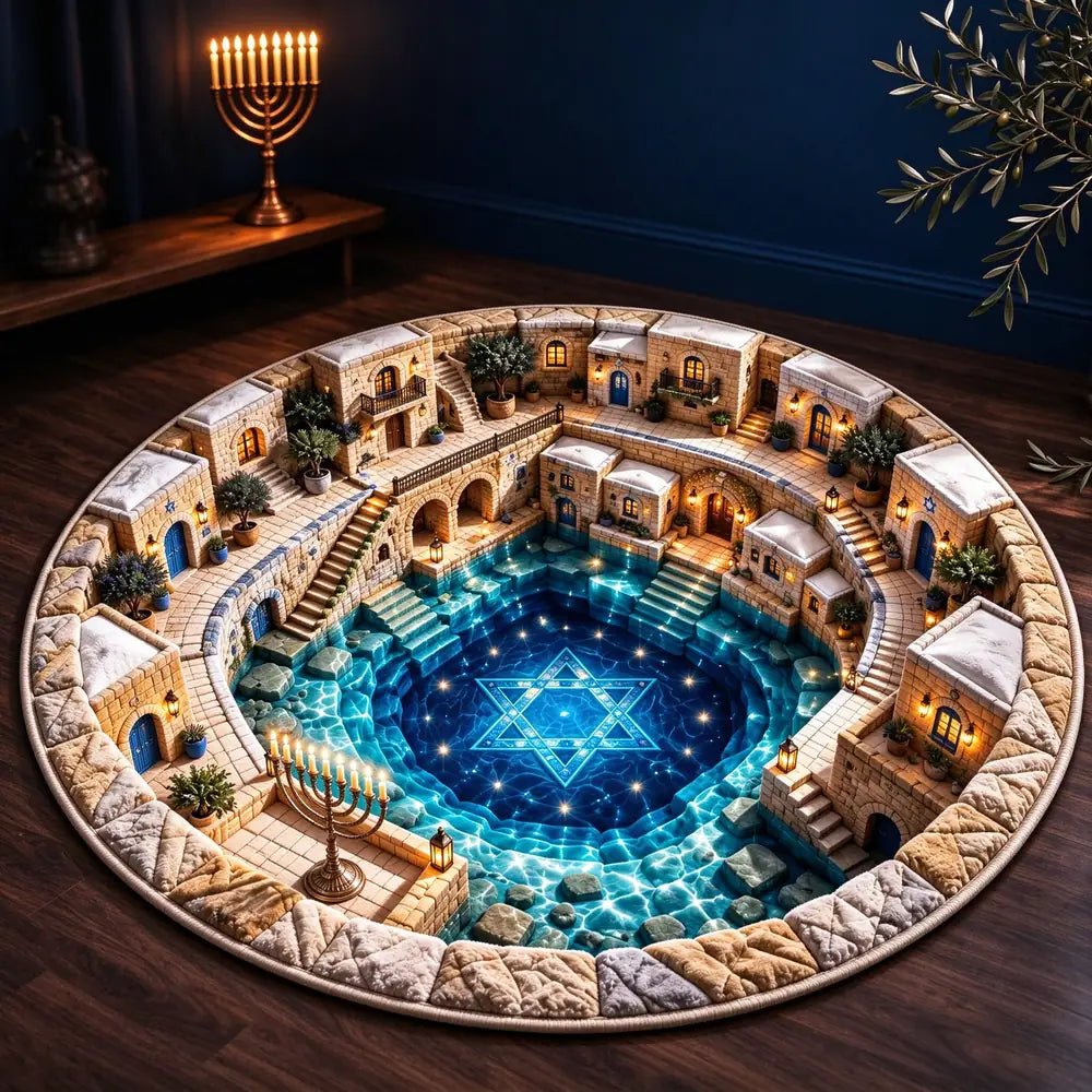 A circular area rug featuring a detailed 3D-style design of a courtyard with a glowing blue Star of David pool, surrounded by stone buildings and lit windows, displayed on a dark wood floor.