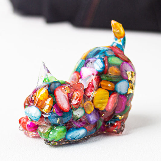 Handmade Natural Crystal Gemstone Cat with Raised Tail - Colorful Shell