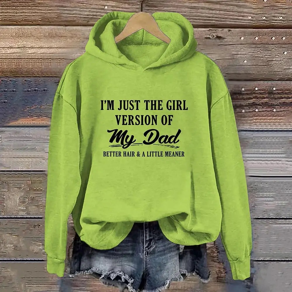 Light green graphic hoodie with a humorous dad daughter design