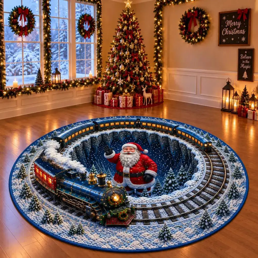 Ice Blue Christmas Train Round Rug - H770