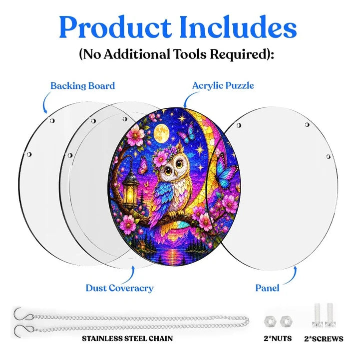 A diagram showing the included parts of the moonlit owl acrylic puzzle suncatcher such as backing board dust cover panel stainless steel chain nuts and screws