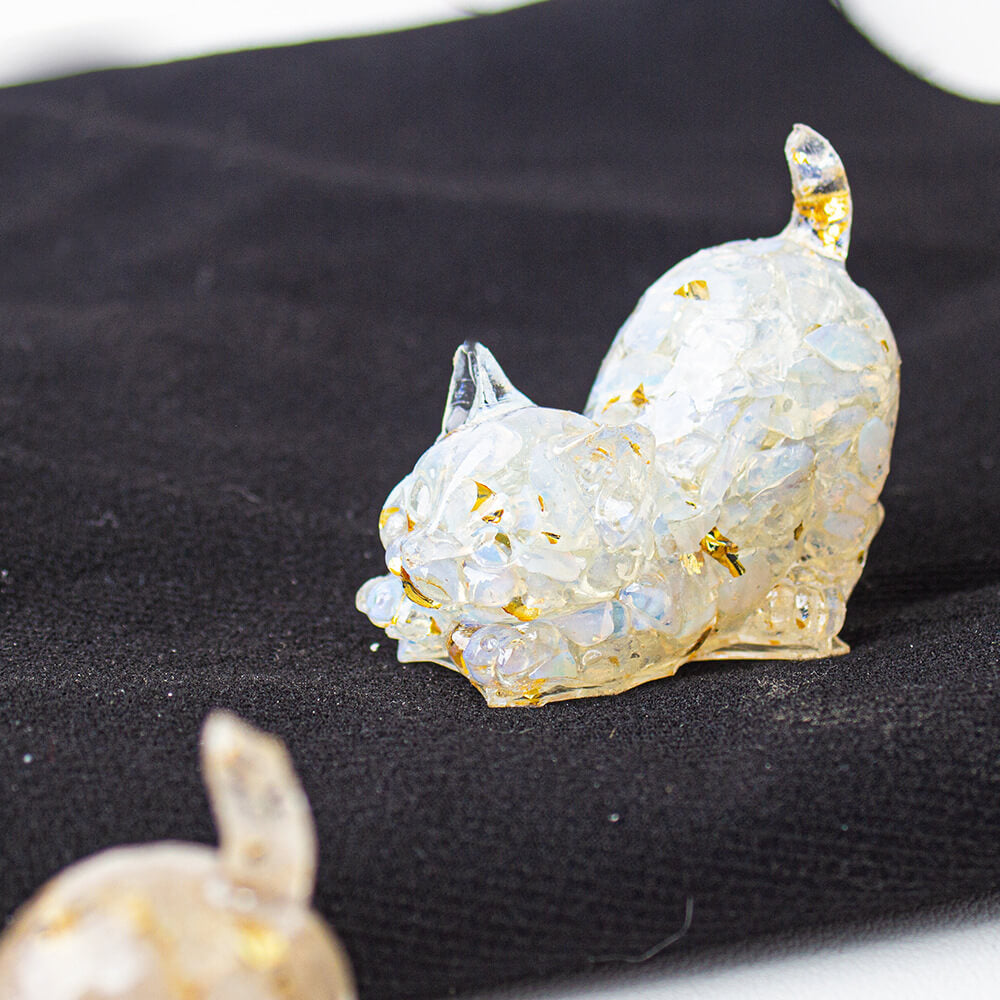 Handmade Natural Crystal Gemstone Cat with Raised Tail - Opal