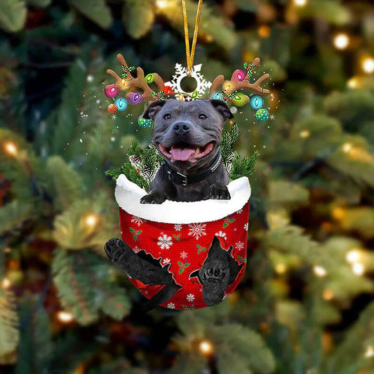 English Staffordshire Bull Terrier In Snow Pocket Christmas Ornament SP141