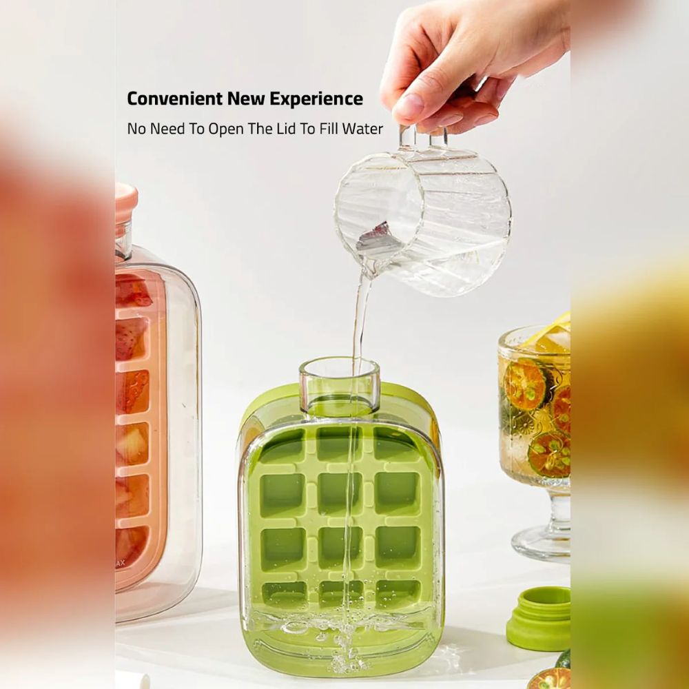 2 in 1 Ice Cube Maker Water Bottle, One- Click Ice Mould Tray with Lid, Bin & Straw