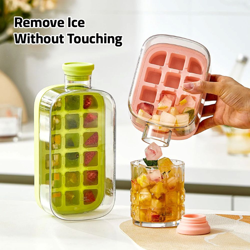 2 in 1 Ice Cube Maker Water Bottle, One- Click Ice Mould Tray with Lid, Bin & Straw