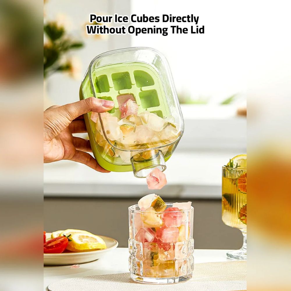 2 in 1 Ice Cube Maker Water Bottle, One- Click Ice Mould Tray with Lid, Bin & Straw