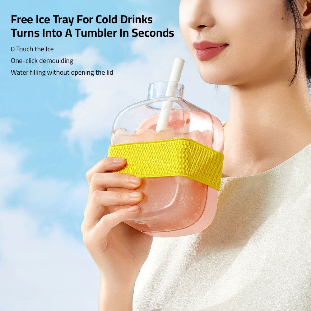 2 in 1 Ice Cube Maker Water Bottle, One- Click Ice Mould Tray with Lid, Bin & Straw
