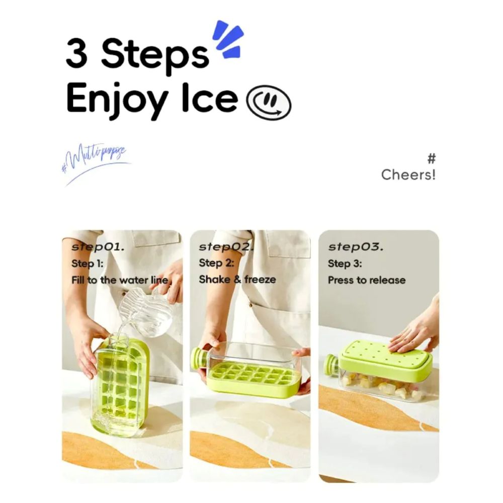 2 in 1 Ice Cube Maker Water Bottle, One- Click Ice Mould Tray with Lid, Bin & Straw