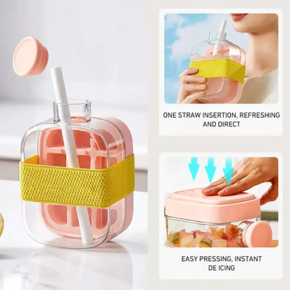 2 in 1 Ice Cube Maker Water Bottle, One- Click Ice Mould Tray with Lid, Bin & Straw