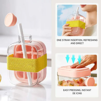 2 in 1 Ice Cube Maker Water Bottle, One- Click Ice Mould Tray with Lid, Bin & Straw