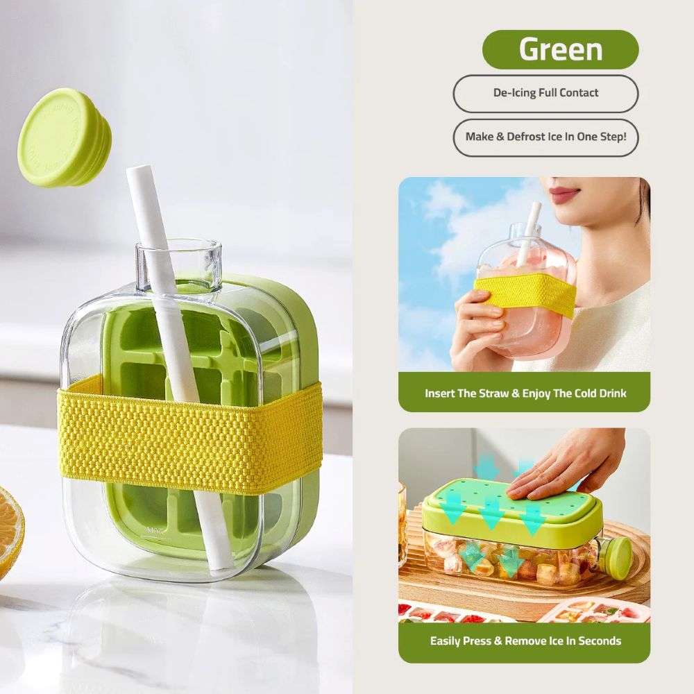 2 in 1 Ice Cube Maker Water Bottle, One- Click Ice Mould Tray with Lid, Bin & Straw