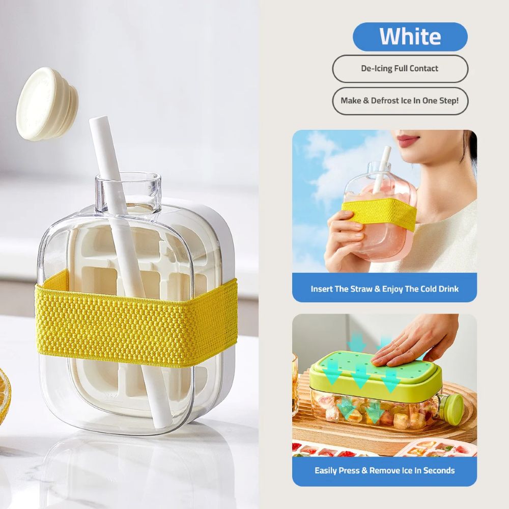 2 in 1 Ice Cube Maker Water Bottle, One- Click Ice Mould Tray with Lid, Bin & Straw