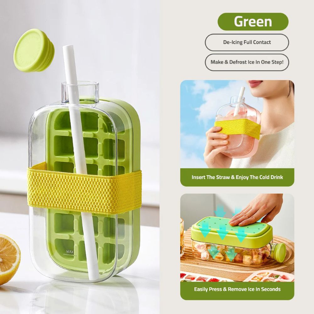 2 in 1 Ice Cube Maker Water Bottle, One- Click Ice Mould Tray with Lid, Bin & Straw