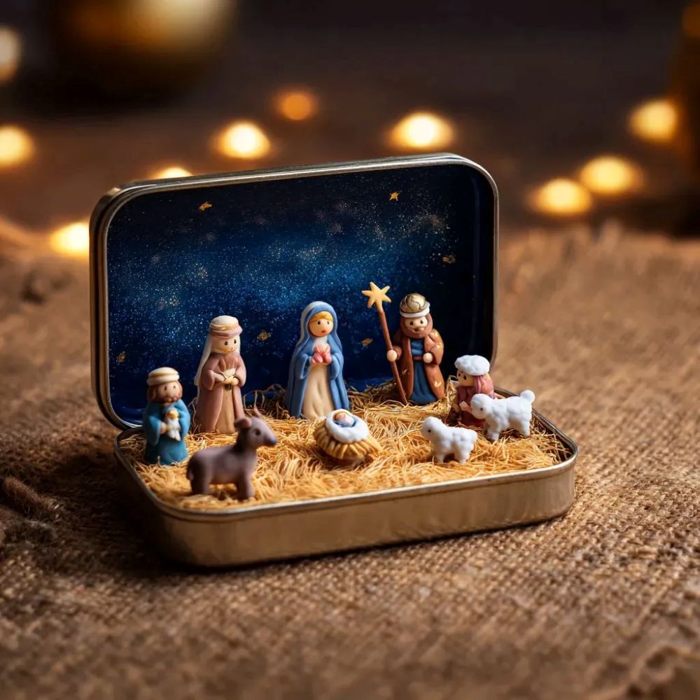 Mini Christmas Nativity Set In A Tin Box