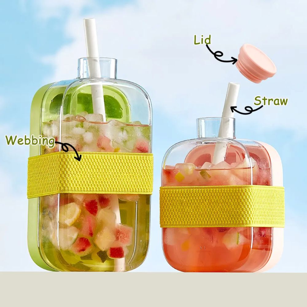2 in 1 Ice Cube Maker Water Bottle, One- Click Ice Mould Tray with Lid, Bin & Straw