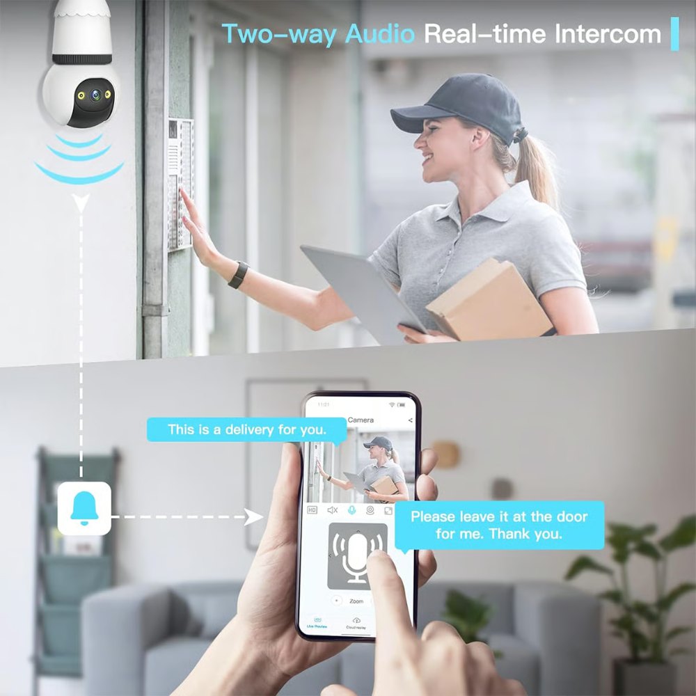 2MP Light Bulb Security Camera 2.4GHz Wireless Outdoor Indoor Camera with Night Vision