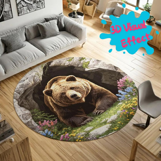 Spring Floral Bear Cave - 3D Illusion Round Rug - H641