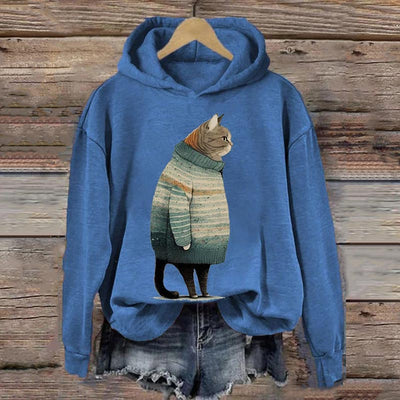 Women's Winter Cat Print Casual Hooded Sweatshirt