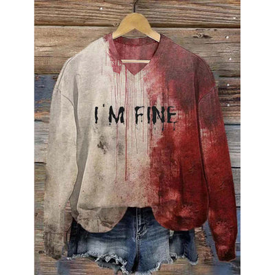 Women's Blood I'm Fine Halloween Print V-Neck Long Sleeve T-shirt