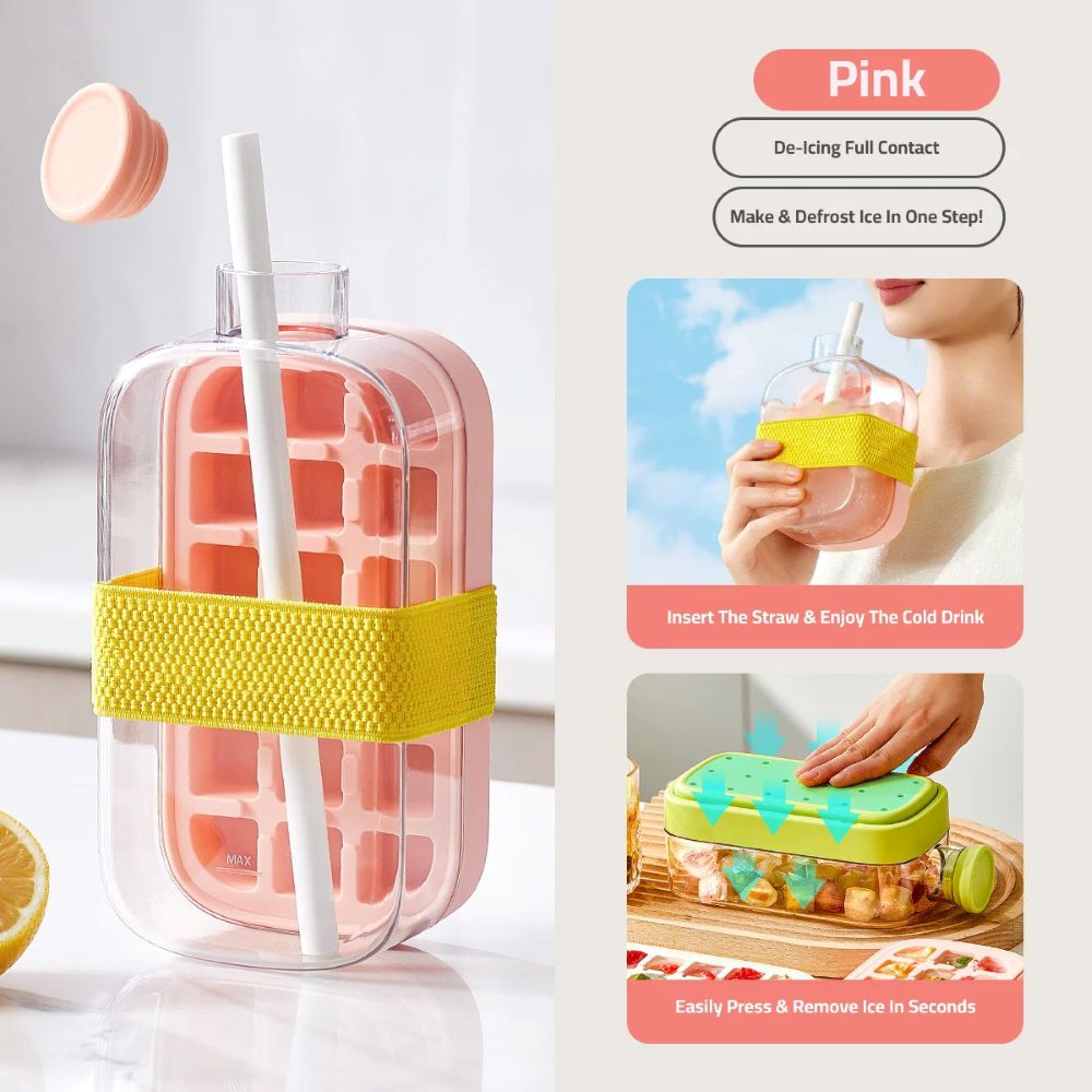 2 in 1 Ice Cube Maker Water Bottle, One- Click Ice Mould Tray with Lid, Bin & Straw