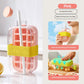2 in 1 Ice Cube Maker Water Bottle, One- Click Ice Mould Tray with Lid, Bin & Straw