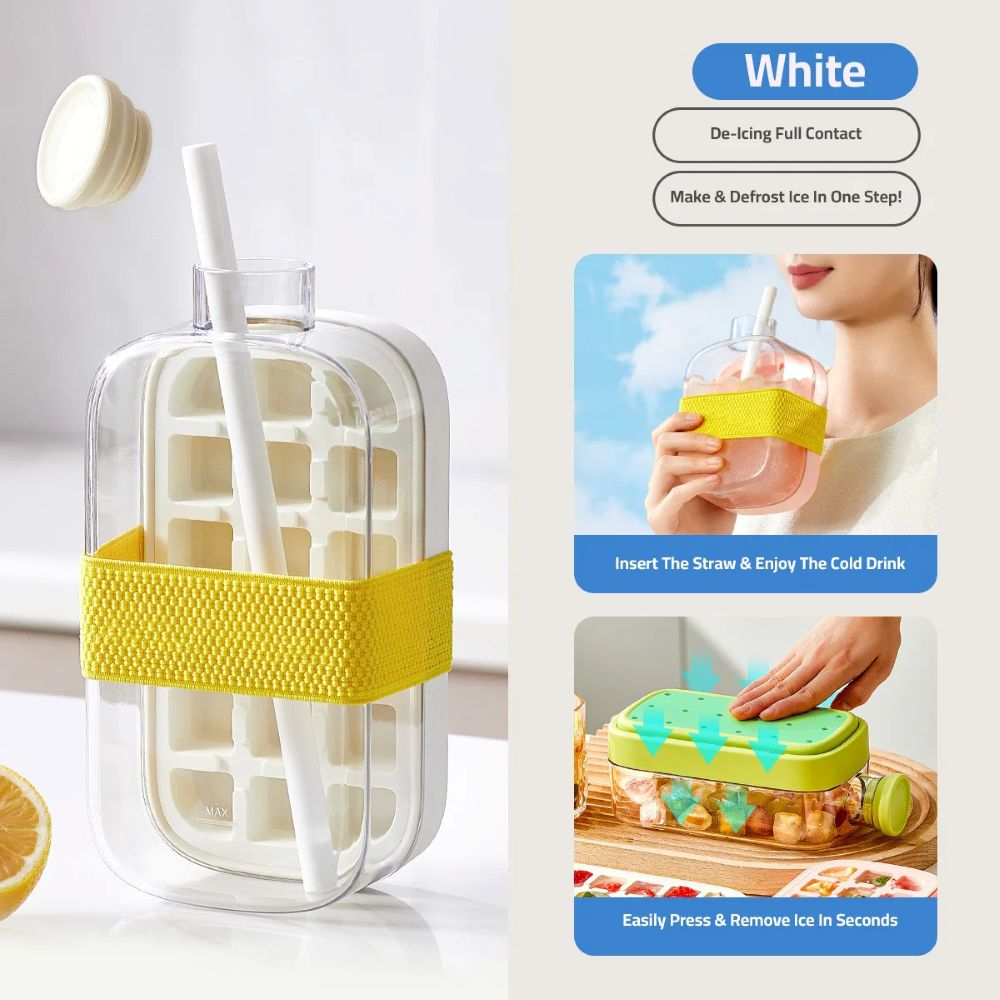 2 in 1 Ice Cube Maker Water Bottle, One- Click Ice Mould Tray with Lid, Bin & Straw